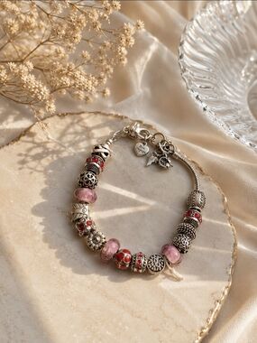 Sterling Silver Charm Bracelet with Pink & Red Beads Bon Voyage.